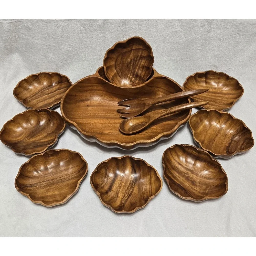 Vintage MCM Tiki Hawaiian Serving Bowl Set Teak Wood Shell Shape Utensils 11 Pc